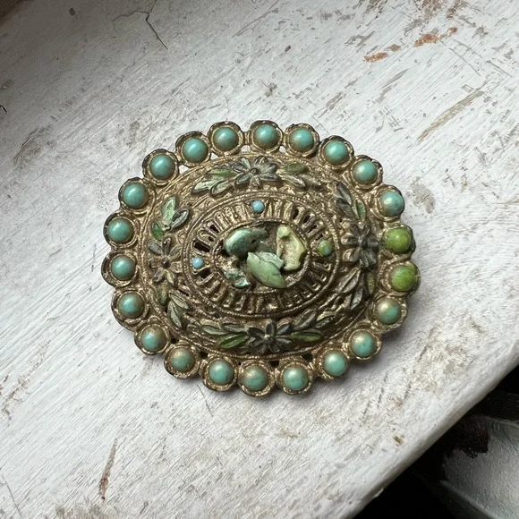 Vintage Turquoise Stone and Flower Florets Oval Brooch - Picture 4 of 5